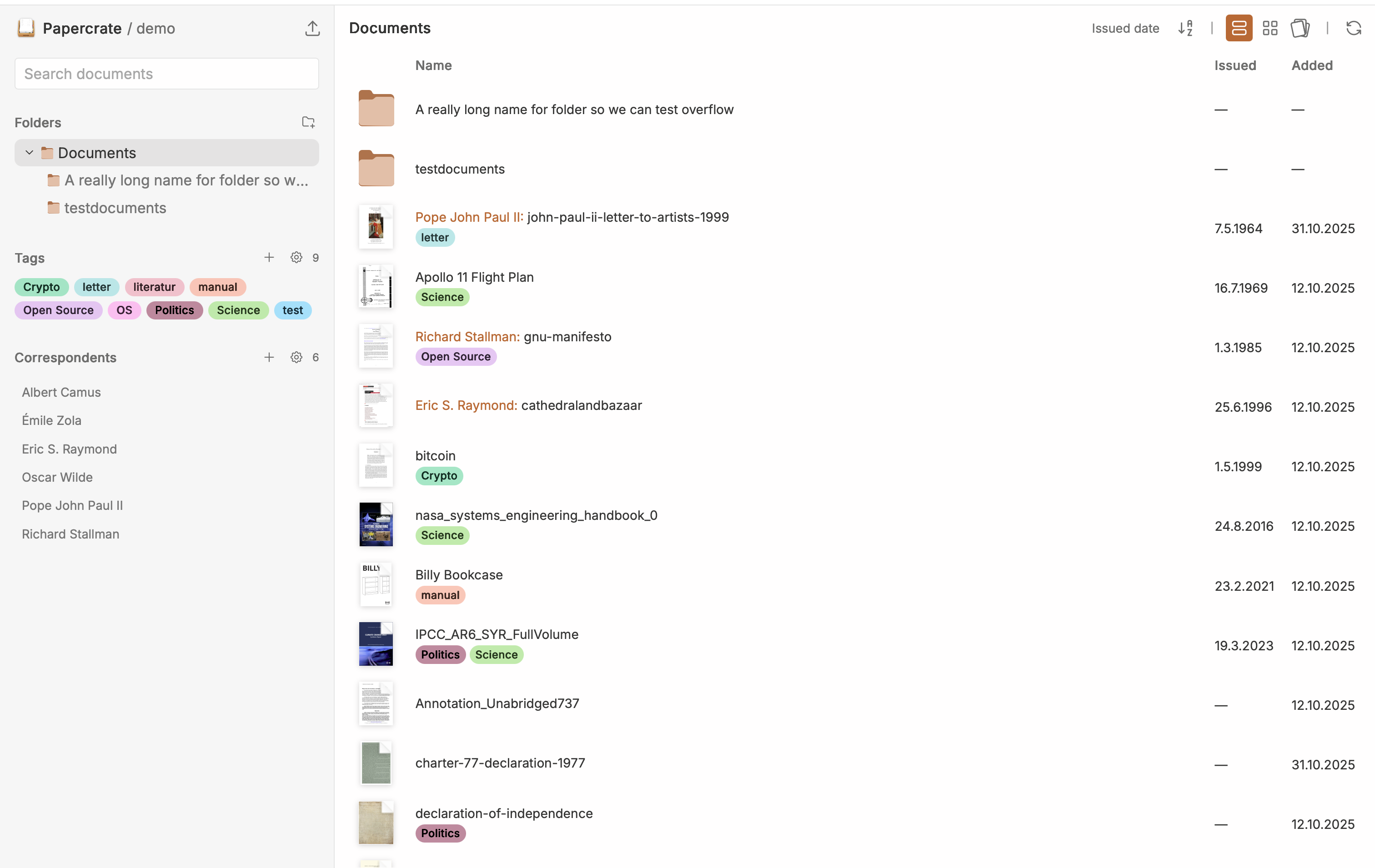 Papercrate document list view